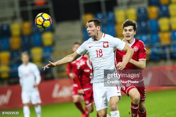Pawel Tomczyk , Jacob Rasmussen during UEFA U21 Championship Qualifier match between Poland and Denmark on November 14, 2017 in Gdynia, Poland.