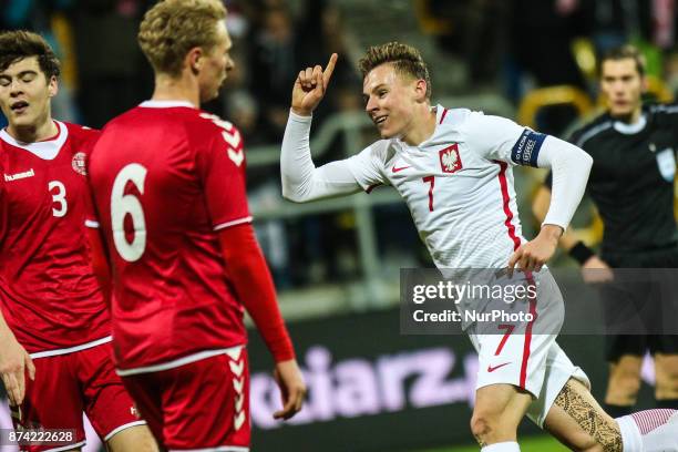 Szymon Zurkowski celebrates a goal during UEFA U21 Championship Qualifier match between Poland and Denmark on November 14, 2017 in Gdynia, Poland.