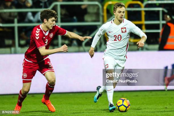 Robert Gumny , Jacob Rasmussen during UEFA U21 Championship Qualifier match between Poland and Denmark on November 14, 2017 in Gdynia, Poland.