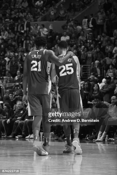 Joel Embiid and Ben Simmons of the Philadelphia 76ers walks up court together during the game against the LA Clippers on November 13, 2017 at STAPLES...