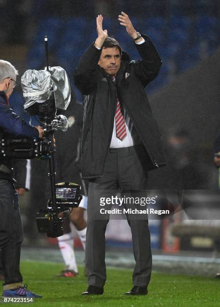 Wales manager Chris Coleman looks on after the International match between Wales and Panama at Cardiff City Stadium on November 14, 2017 in Cardiff,...