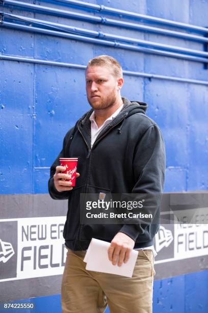 Nick O'Leary of the Buffalo Bills walks into New Era Field before the game between the Buffalo Bills and the New Orleans Saints on November 12, 2017...