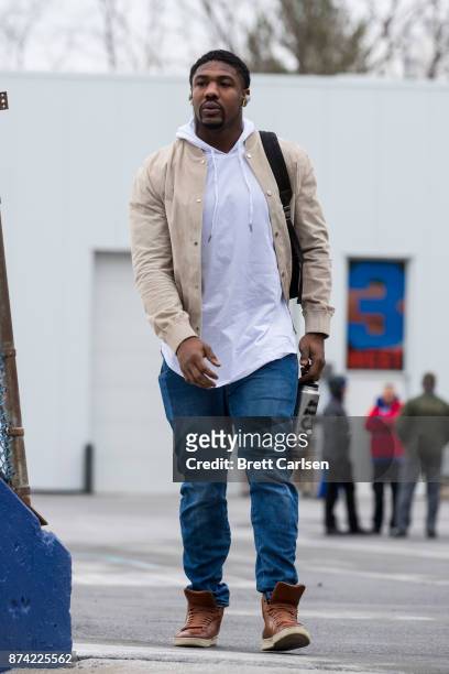 Jerry Hughes of the Buffalo Bills walks into New Era Field before the game between the Buffalo Bills and the New Orleans Saints on November 12, 2017...