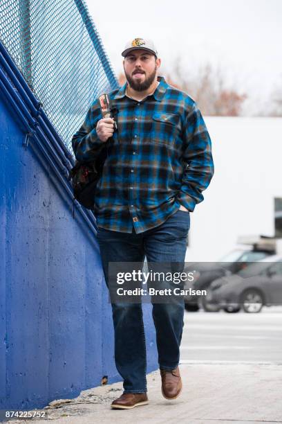 Ryan Groy of the Buffalo Bills walks into New Era Field before the game between the Buffalo Bills and the New Orleans Saints on November 12, 2017 in...