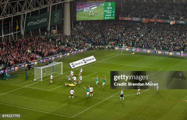 Dublin , Ireland - 14 November 2017; Shane Duffy of Republic of Ireland scores his side's first goal during the FIFA 2018 World Cup Qualifier...