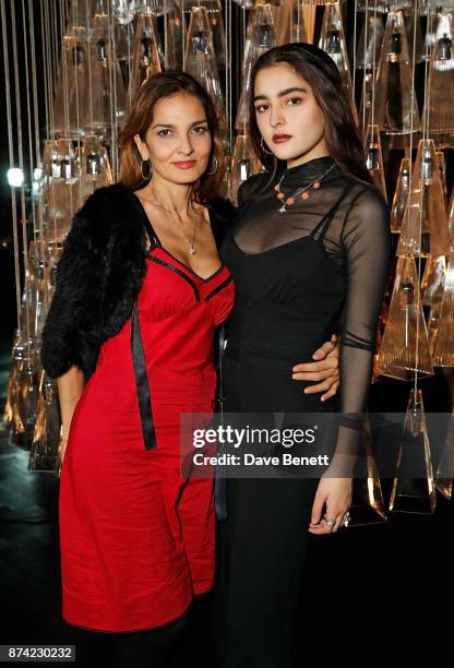 Yasmin Mills and Maddie Mills attend the unveiling of 'The Tree of Glass' by Lee Broom with Nude at Aqua Shard on November 14, 2017 in London,...