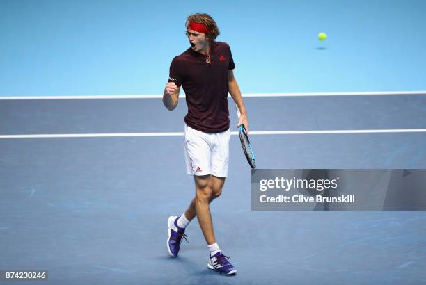 Alexander Zverev of Germany celebrates during the singles match against Roger Federer of Switzerland on day three of the Nitto ATP World Tour Finals...