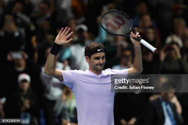 Roger Federer of Switzerland celebrates victory during the singles match against Alexander Zverev of Germany on day three of the Nitto ATP World Tour...