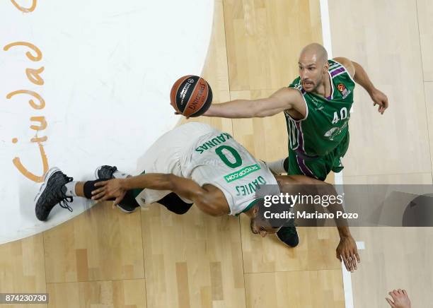 James Augustine, #40 of Unicaja Malaga in action during the 2017/2018 Turkish Airlines EuroLeague Regular Season Round 7 game between Unicaja Malaga...