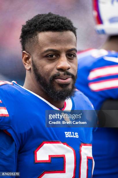 Shareece Wright of the Buffalo Bills watches game action on the sideline during the first quarter against the New Orleans Saints at New Era Field on...