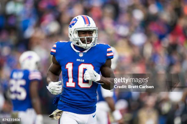 Deonte Thompson of the Buffalo Bills runs off the field between plays during the first half against the New Orleans Saints at New Era Field on...