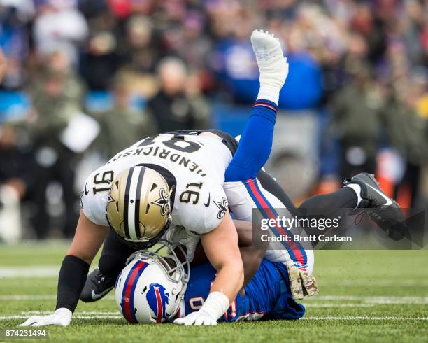 Deonte Thompson of the Buffalo Bills is tackled for loss by Trey Hendrickson of the New Orleans Saints during the first half at New Era Field on...