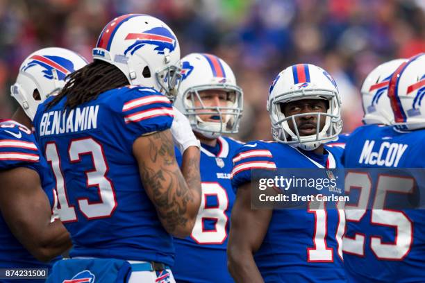Deonte Thompson of the Buffalo Bills stands in a pre snap huddle during the first half against the New Orleans Saints at New Era Field on November...