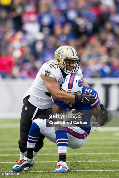Craig Robertson of the New Orleans Saints tackles LeSean McCoy of the Buffalo Bills during the second quarter at New Era Field on November 12, 2017...