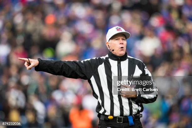 Referee Terry McAulay announces a penalty during the game between the Buffalo Bills and the New Orleans Saints at New Era Field on November 12, 2017...