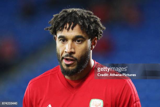 Ashley Williams of Wales prior to kick off of the International Friendly match between Wales and Panama at The Cardiff City Stadium on November 14,...