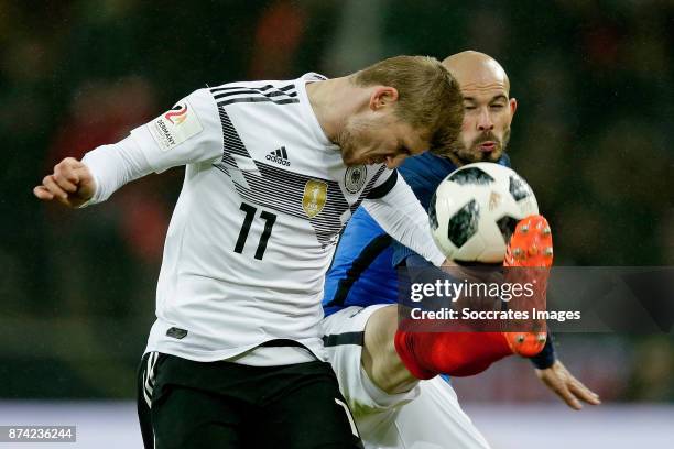 Timo Werner of Germany Christophe Jallet of France during the International Friendly match between Germany v France at the RheinEnergie Stadium on...