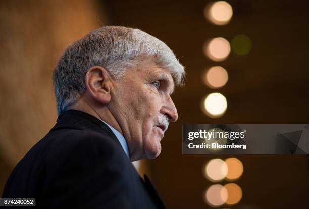 Retired Lieutenant-General Romeo Dallaire speaks to members of the media during the 2017 UN Peacekeeping Defence Ministerial conference in Vancouver,...