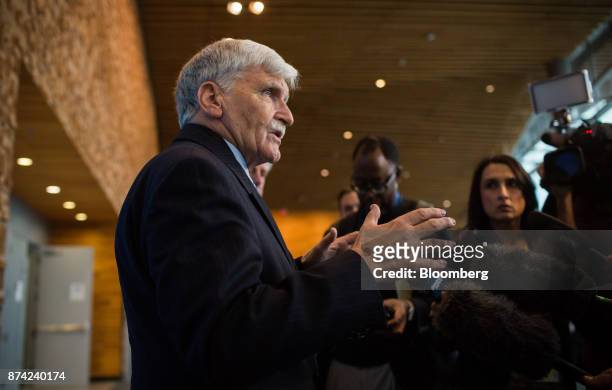 Retired Lieutenant-General Romeo Dallaire speaks to members of the media during the 2017 UN Peacekeeping Defence Ministerial conference in Vancouver,...