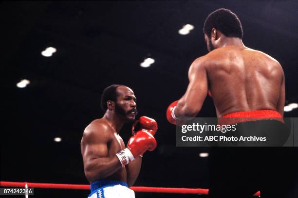 Marvin Johnson, Eddie Mustafa Muhammad boxing at Stokley Athletics Center, March 31, 1980.