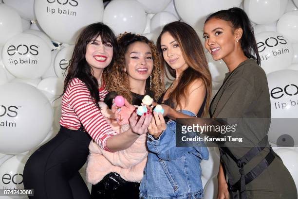 Daisy Lowe, Ella Eyre; Danielle Peazer and Maya Jama attend the 'EOS Lip Balm Winter Lips' party at Jimmy's Lodge Pop up on November 14, 2017 in...