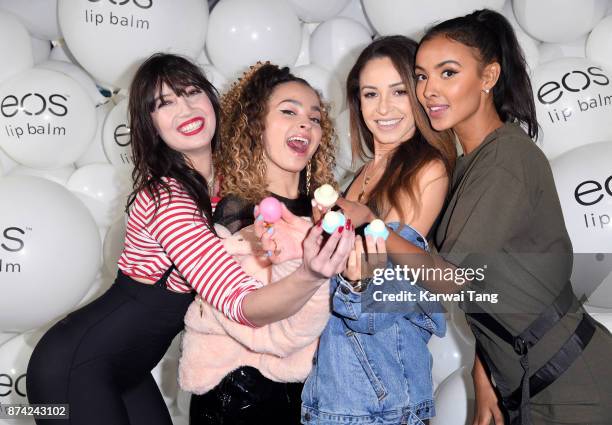 Daisy Lowe, Ella Eyre; Danielle Peazer and Maya Jama attend the 'EOS Lip Balm Winter Lips' party at Jimmy's Lodge Pop up on November 14, 2017 in...