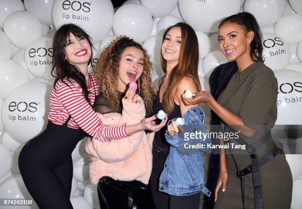 Daisy Lowe, Ella Eyre; Danielle Peazer and Maya Jama attend the 'EOS Lip Balm Winter Lips' party at Jimmy's Lodge Pop up on November 14, 2017 in...