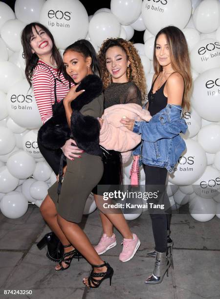 Daisy Lowe, Maya Jama, Ella Eyre and Danielle Peazer attend the 'EOS Lip Balm Winter Lips' party at Jimmy's Lodge Pop up on November 14, 2017 in...