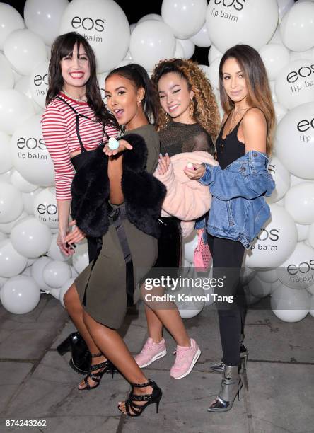 Daisy Lowe, Maya Jama, Ella Eyre and Danielle Peazer attend the 'EOS Lip Balm Winter Lips' party at Jimmy's Lodge Pop up on November 14, 2017 in...