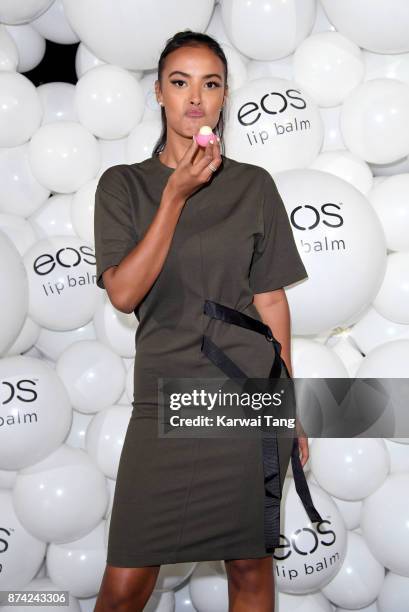 Maya Jama attends the 'EOS Lip Balm Winter Lips' party at Jimmy's Lodge Pop up on November 14, 2017 in London, England.