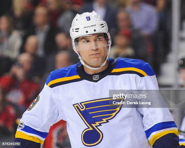 Scottie Upshall of the St Louis Blues in action against the Calgary Flames during an NHL game at Scotiabank Saddledome on November 13, 2017 in...