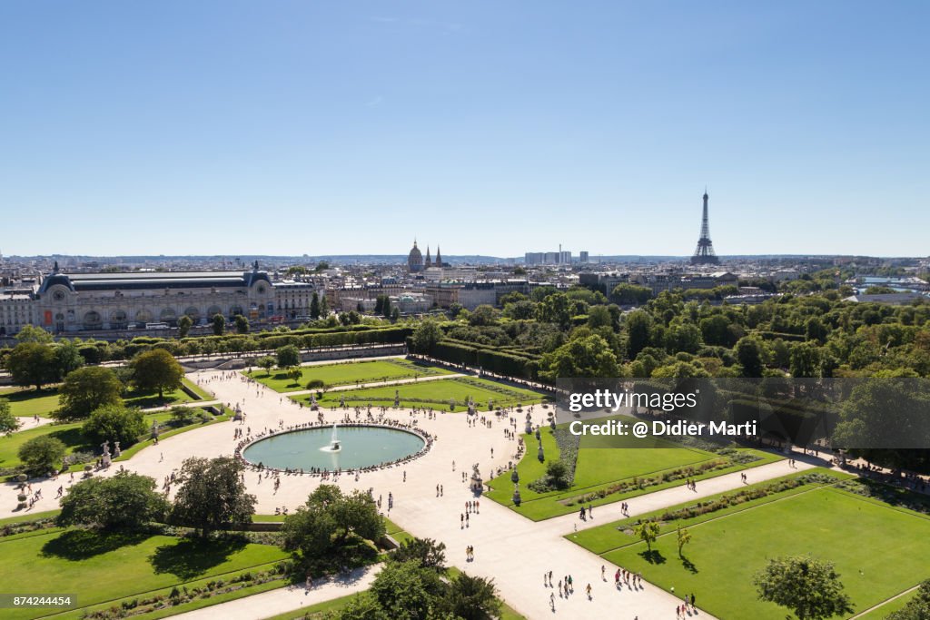 Aerial view of the Tuileries garden near the Louvre Palace in Paris