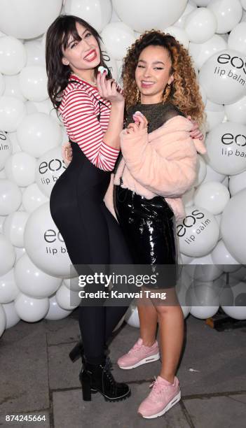 Daisy Lowe and Ella Eyre attend the 'EOS Lip Balm Winter Lips' party at Jimmy's Lodge Pop up on November 14, 2017 in London, England.