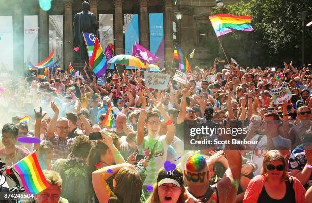 People in the crowd celebrate as the result is announced during the Official Melbourne Postal Survey Result Announcement at the State Library of...