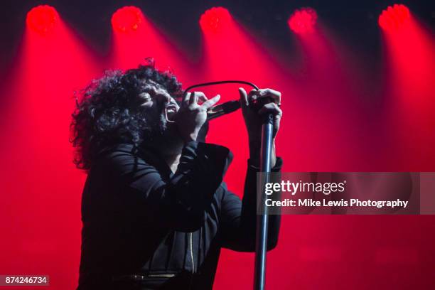 Cedric Bixler of At The Drive In performs at Motorpoint Arena on November 13, 2017 in Cardiff, Wales.