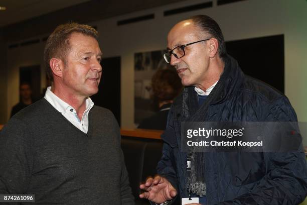 Karlheinz Foerster and Juergen Kohler talk during the Club Of Former National Players Meeting at RheinEnergieStadion on November 14, 2017 in Cologne,...