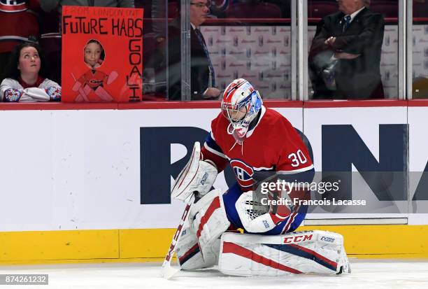 Zach Fucale of the Montreal Canadiens warms up prior to the game against the Columbus Blue Jackets in the NHL game at the Bell Centre on November 14,...