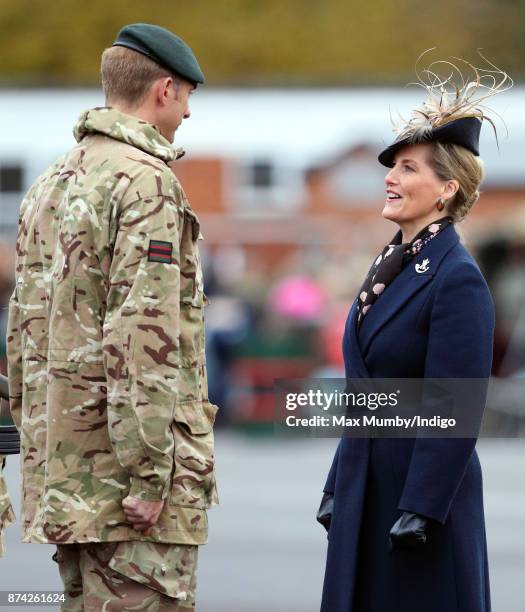 Sophie, Countess of Wessex inspects soldiers of 5 Rifles as she attends their homecoming parade following a nine month operational deployment to...