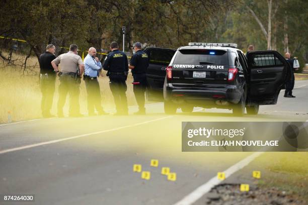 Law enforcement officers and investigators converse near a police vehicle that was involved in a shooting on November 14 in Rancho Tehama,...