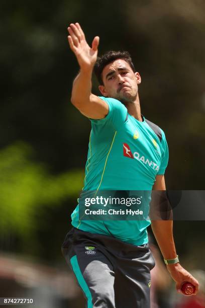 Mitchell Starc bowls during an Australian cricket training session at Allan Border Field on November 15, 2017 in Brisbane, Australia.