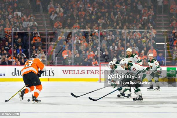 Minnesota Wild left wing Marcus Foligno and the rest of the Minnesota Wild line up against Philadelphia Flyers defenseman Brandon Manning during the...