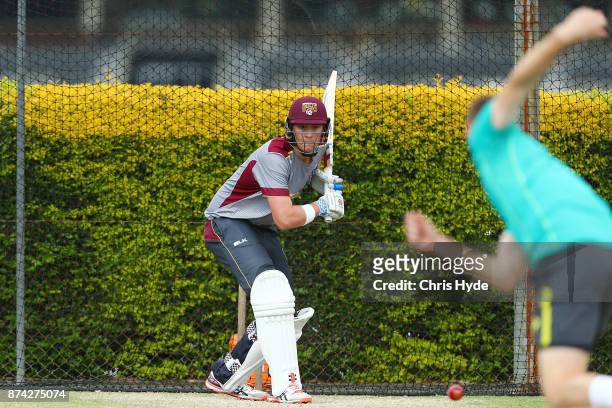 Matthew Renshaw bats during an Australian cricket training session at Allan Border Field on November 15, 2017 in Brisbane, Australia.