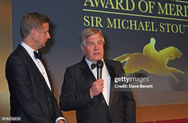 Ed Chamberlin and Award of Merit winner Sir Michael Stoute attend The Cartier Racing Awards 2017 at The Dorchester on November 14, 2017 in London,...