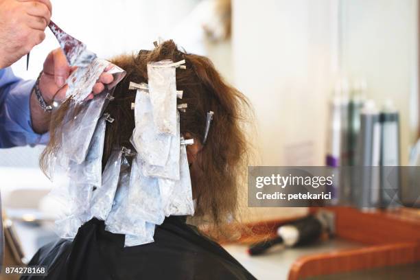 hairdresser dyeing hair of her client - ombré imagens e fotografias de stock