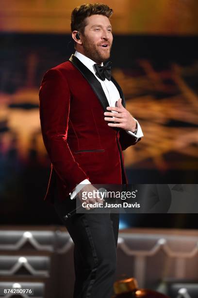 Recording Artist Brett Eldredge performs on stage during 2017 CMA Country Christmas at The Grand Ole Opry on November 14, 2017 in Nashville,...