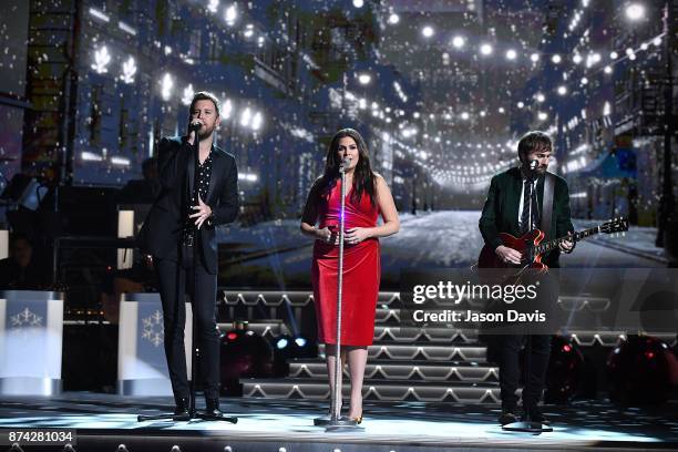 Recording Artists Charles Kelley,Hillary Scott and Dave Haywood of Lady Antebellum performs on stage during 2017 CMA Country Christmas at The Grand...