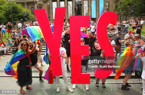 People in the crowd celebrate as the result is announced during the Official Melbourne Postal Survey Result Announcement at the State Library of...
