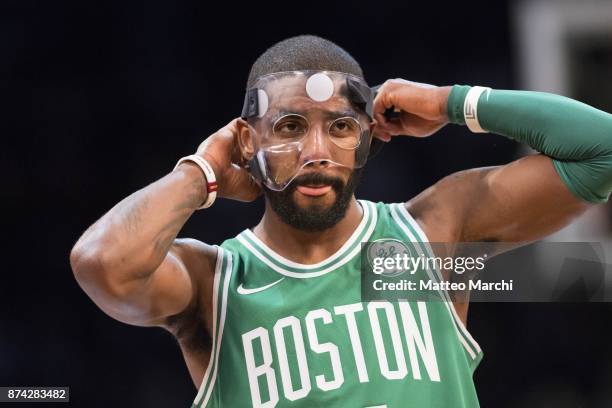 Kyrie Irving of the Boston Celtics reacts during the first half of the NBA game against the Brooklyn Nets at Barclays Center on November 14, 2017 in...