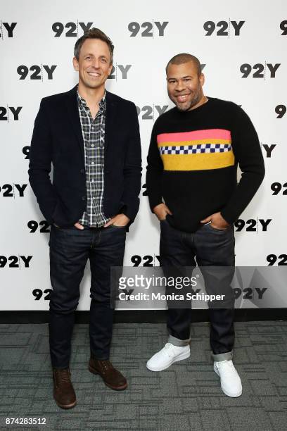 Seth Meyers and actor and filmmaker Jordan Peele attend 92Y Presents Get Out: Jordan Peele In Conversation With Seth Meyers at 92nd Street Y on...