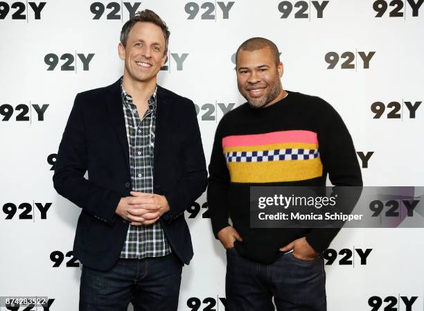 Seth Meyers and actor and filmmaker Jordan Peele attend 92Y Presents Get Out: Jordan Peele In Conversation With Seth Meyers at 92nd Street Y on...